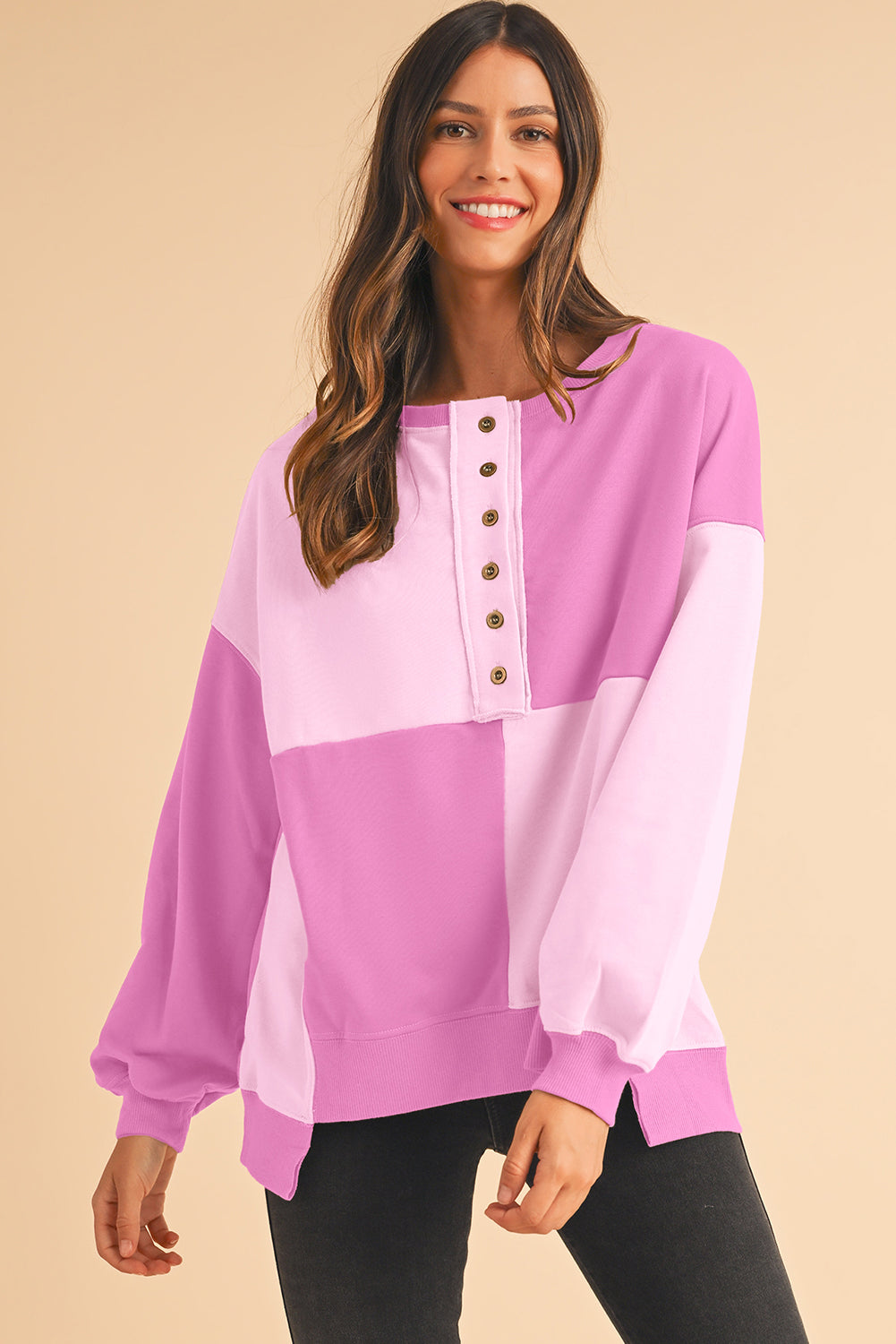 Pink Colorblock High Low Loose Henley Sweatshirt