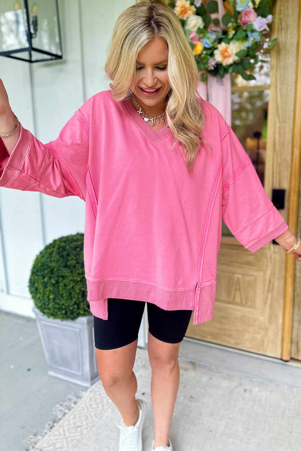 Pink Exposed Seam V Neck T-Shirt