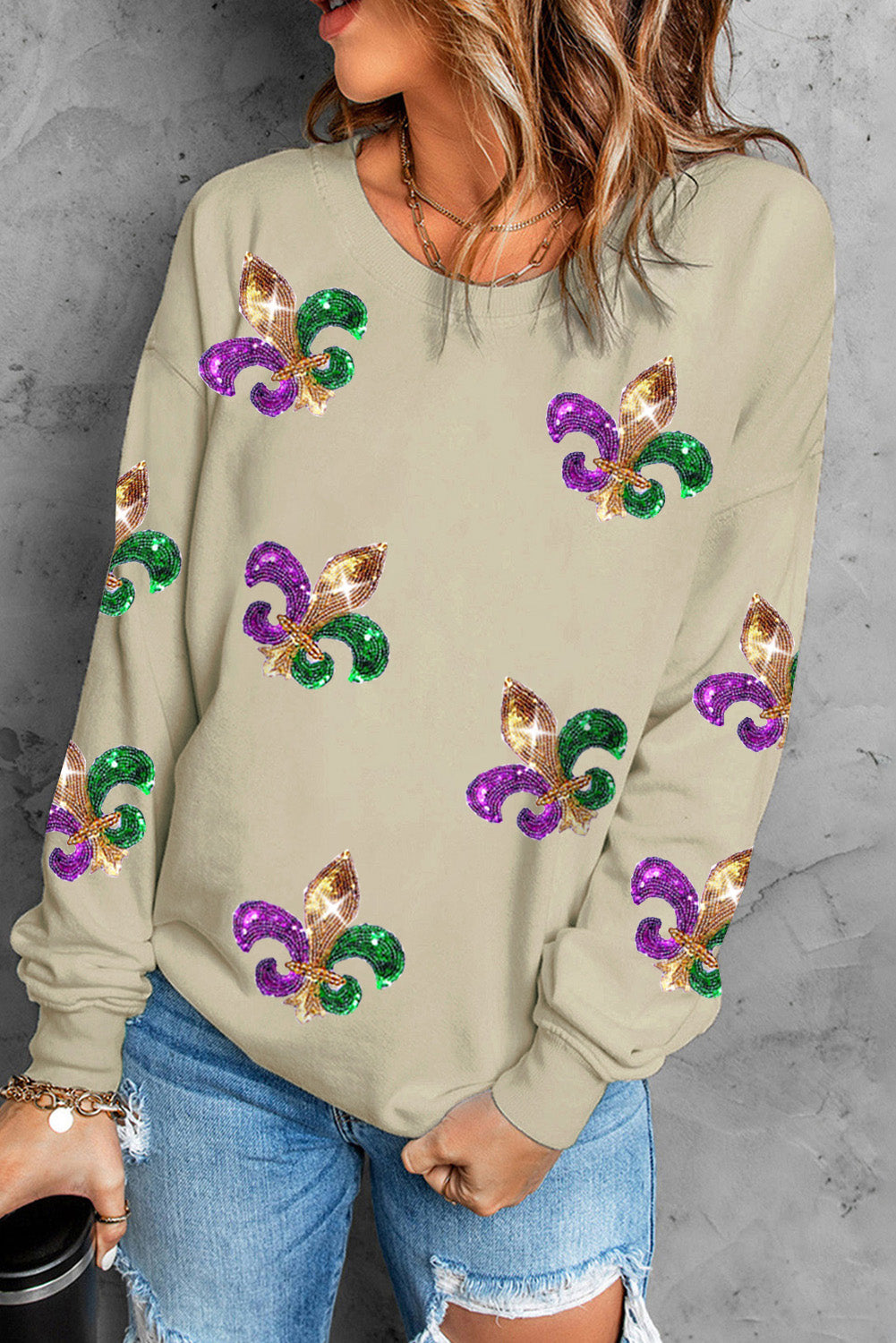 Khaki Sequin MARDI GRAS Graphic Pullover Sweatshirt