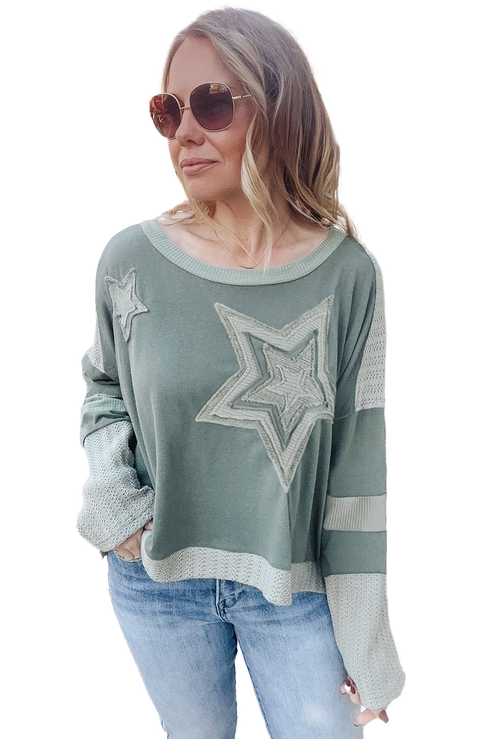 Mist Green Stars Patchwork Round Neck Plus Size Top