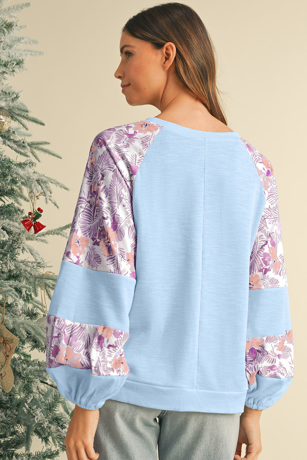 Beau Blue Crinkle Rib Floral Patchwork Balloon Sleeve Top