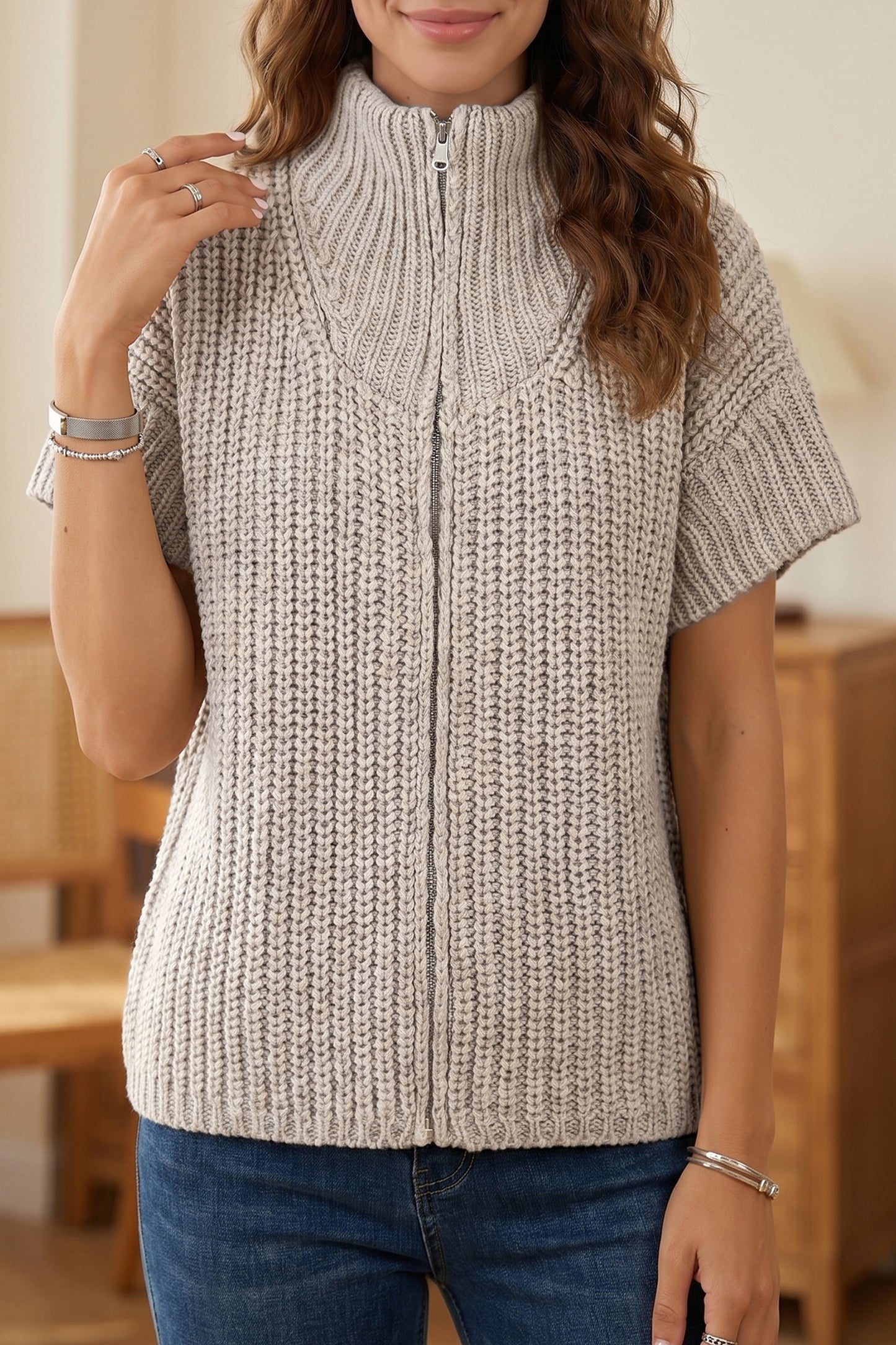 Jet Stream Solid Color Short Sleeve Zipper Knit High Neck Sweater