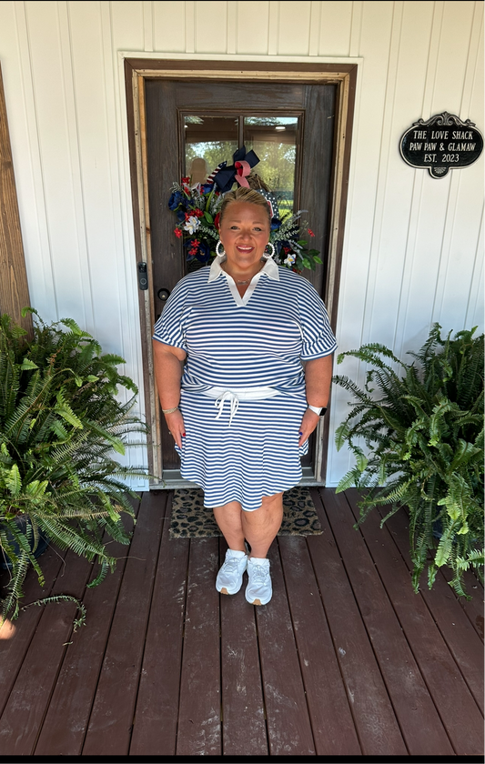 Blue Striped Collared Top Plus Size Flowy Skort Set