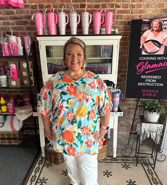 Sky Blue Plus Size Floral Print V Neck Batwing Sleeve Blouse