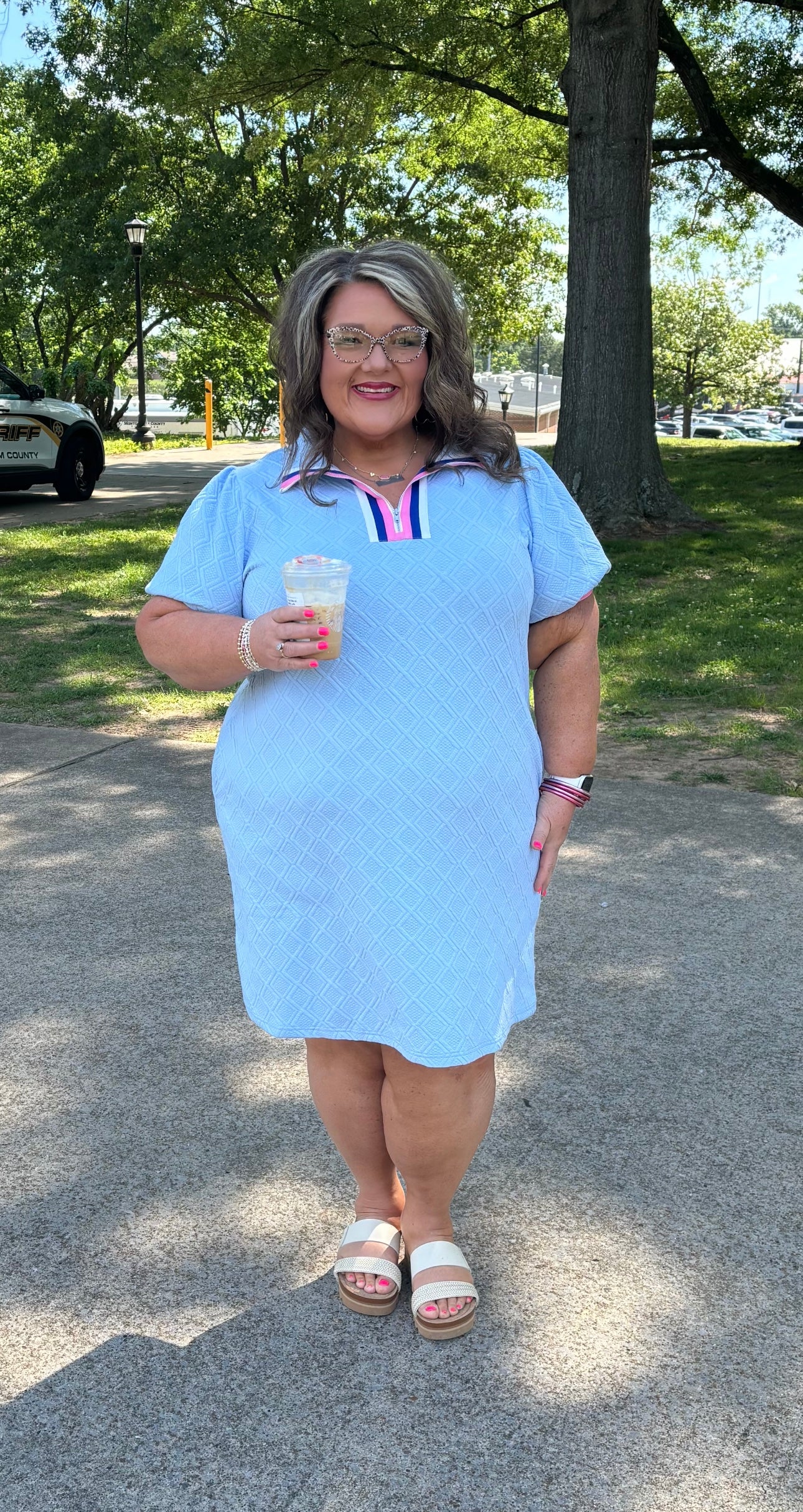 Beau Blue Striped Pop of Color Collared Checkered Textured Plus Size Dress