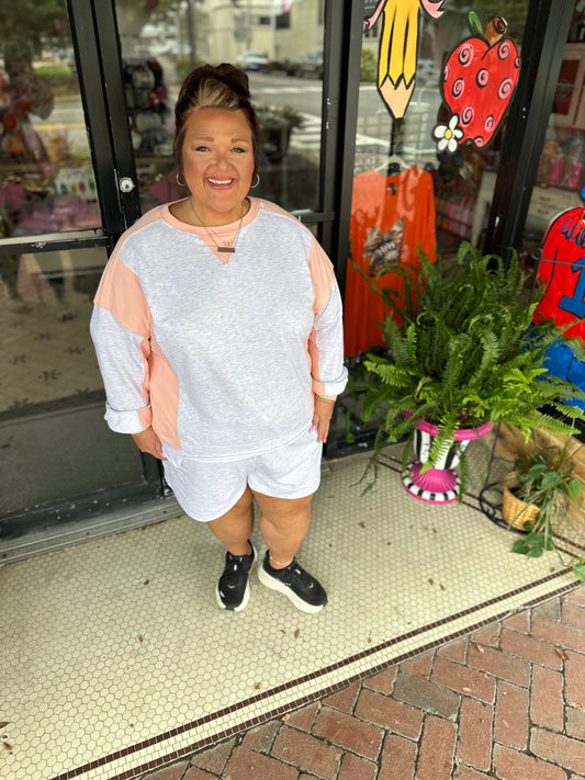 Light Grey Colorblock Raw Hem Pullover and Shorts Set