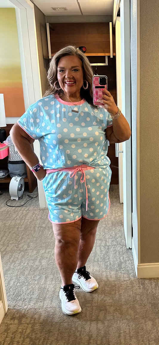 Sky Blue Polka Dot Contrast Edge Casual Short Set