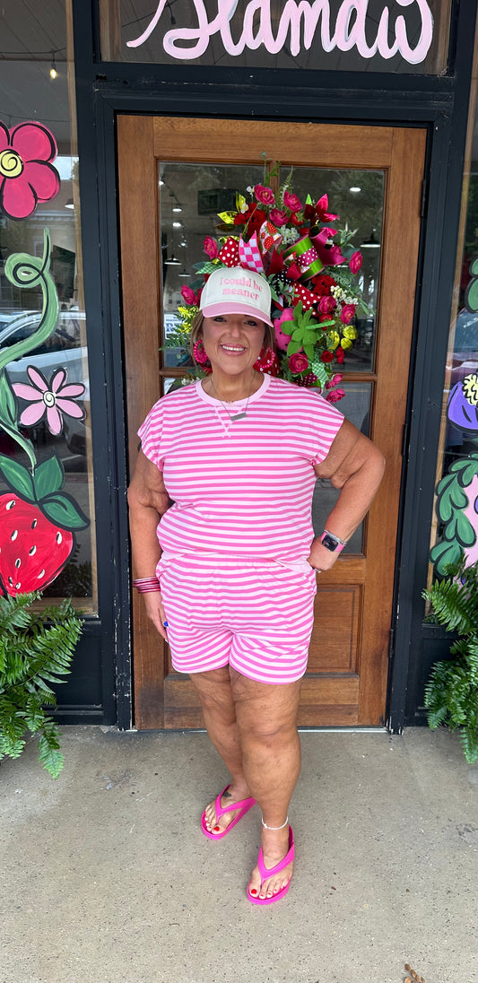 Pink Stripe Cap Sleeve Tee Elastic Waist Shorts 2pcs Outfit