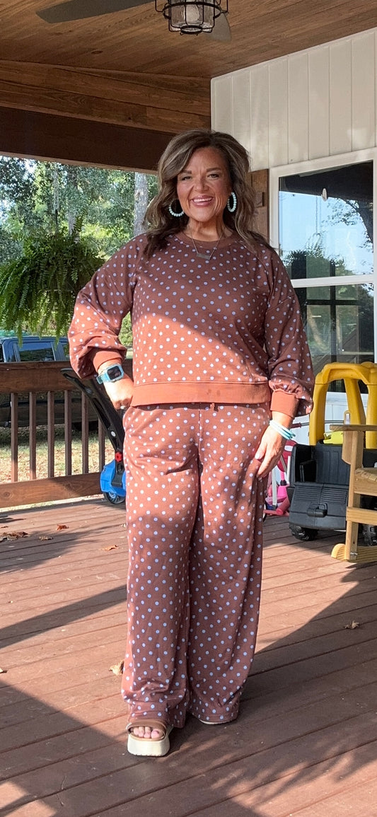 Brown Polka Dot Round Neck Long Sleeve Plus Size Set