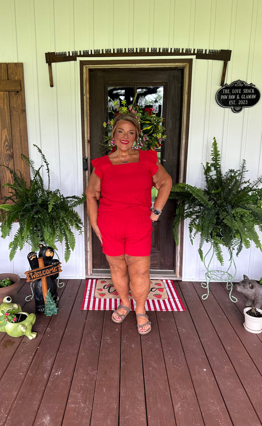 Fiery Red Textured Square Neck Top and Shirred High Waist Shorts Set