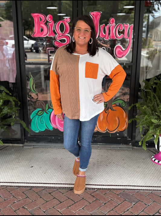 Chestnut Plus Size Pocket Textured Patchwork Top