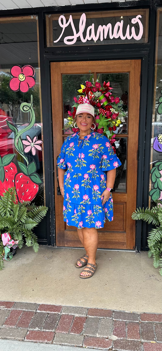 Blue V Neck Short Sleeve Loose Flower Dress