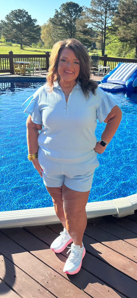 Beau Blue Solid Ribbed Short Sleeve Tee and Shorts Set