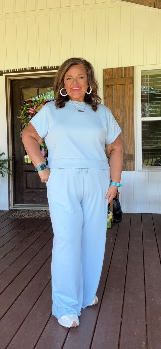 Clearly Aqua Solid Color Ribbed Trim Short Sleeve Top Drawstring Loose Pants 2pcs Outfit