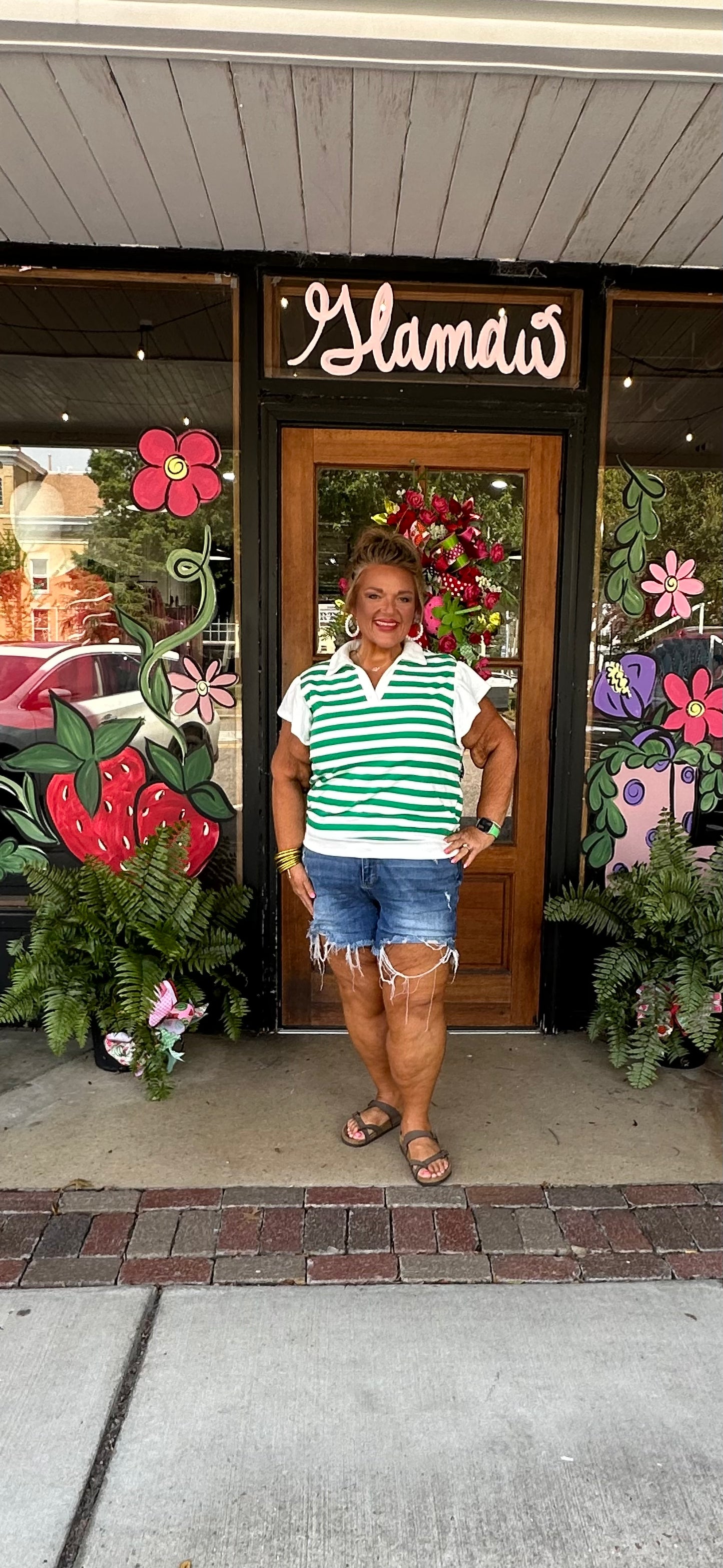 Green Stripe Collar V Neck Ruffled Short Sleeve Blouse