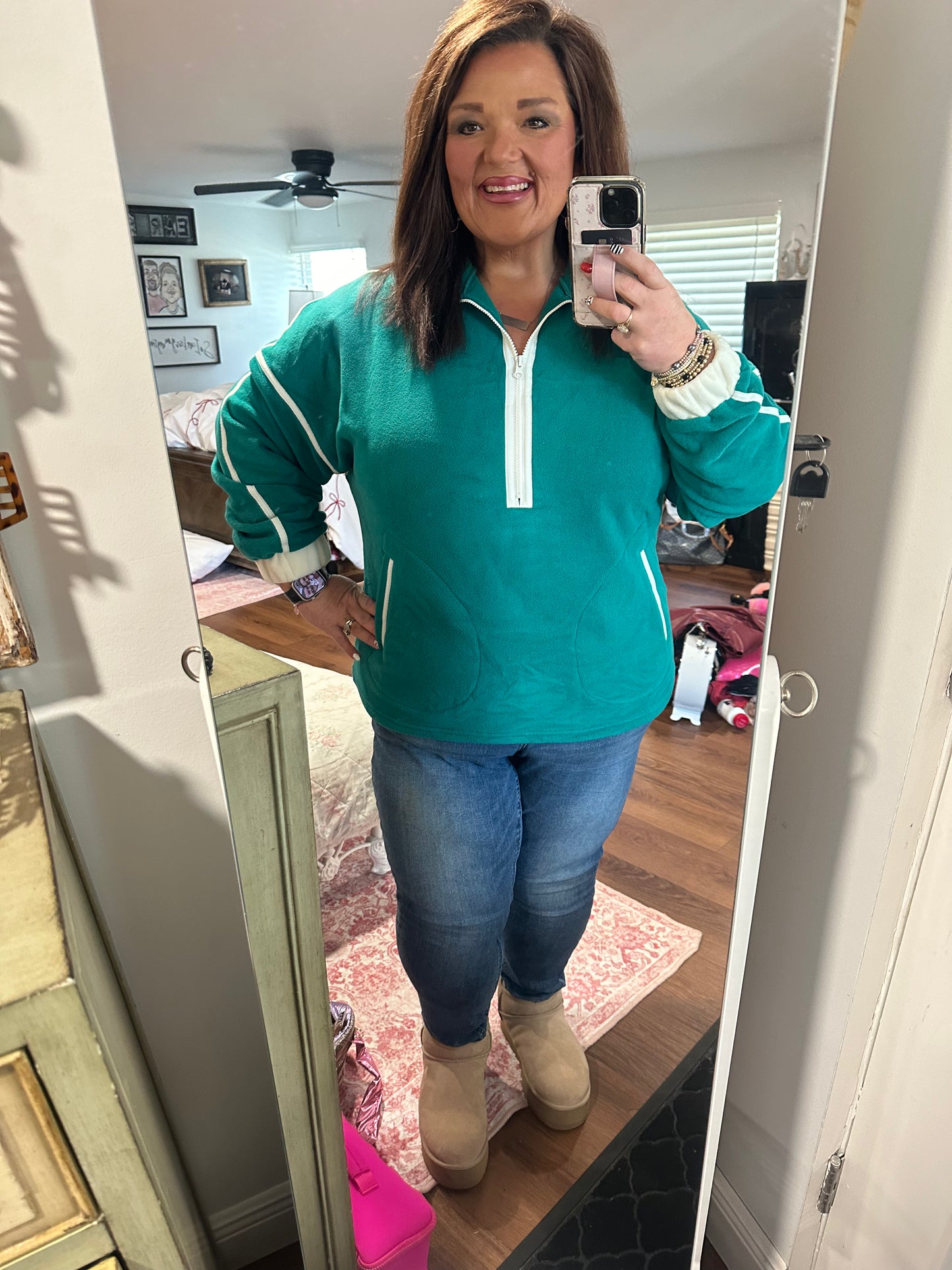 Dark Green Half Zip Contrast Trim Pocketed Plus Size Fleece Sweatshirt