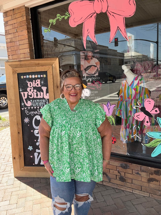 Green Floral Smocked Boho Plus Size Blouse