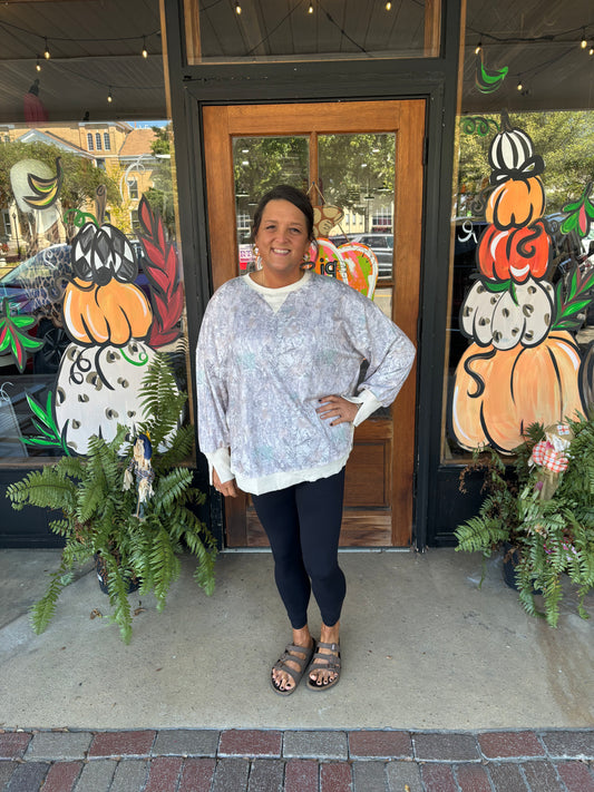 Khaki Camouflage Print Round Neck Long Sleeve Shift Plus Size Sweatshirt