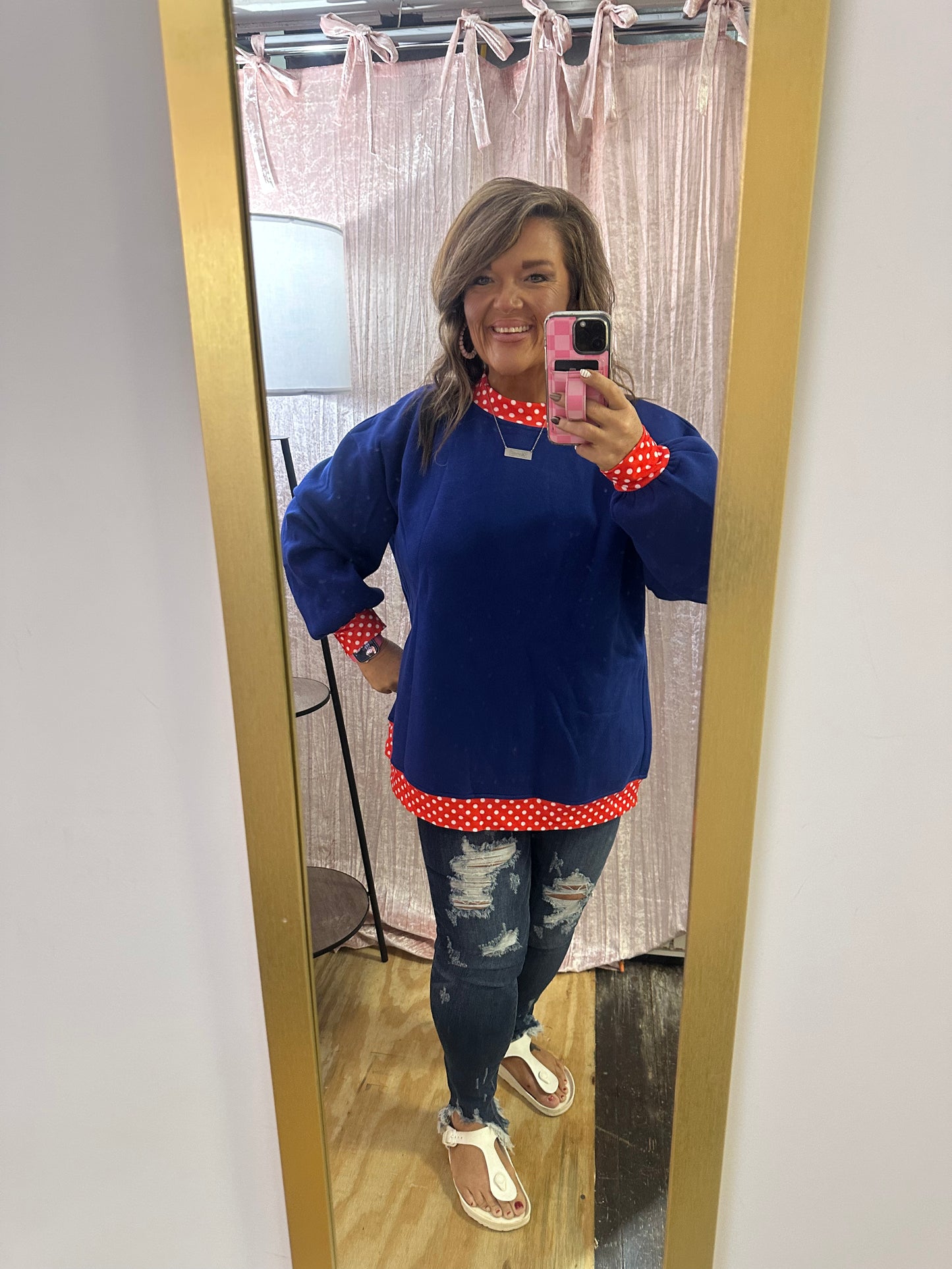 Dirty blue Colorblock Polka Dot Contrast Trim Oversized Sweatshirt