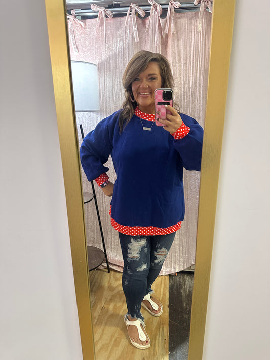 Dirty blue Colorblock Polka Dot Contrast Trim Oversized Sweatshirt