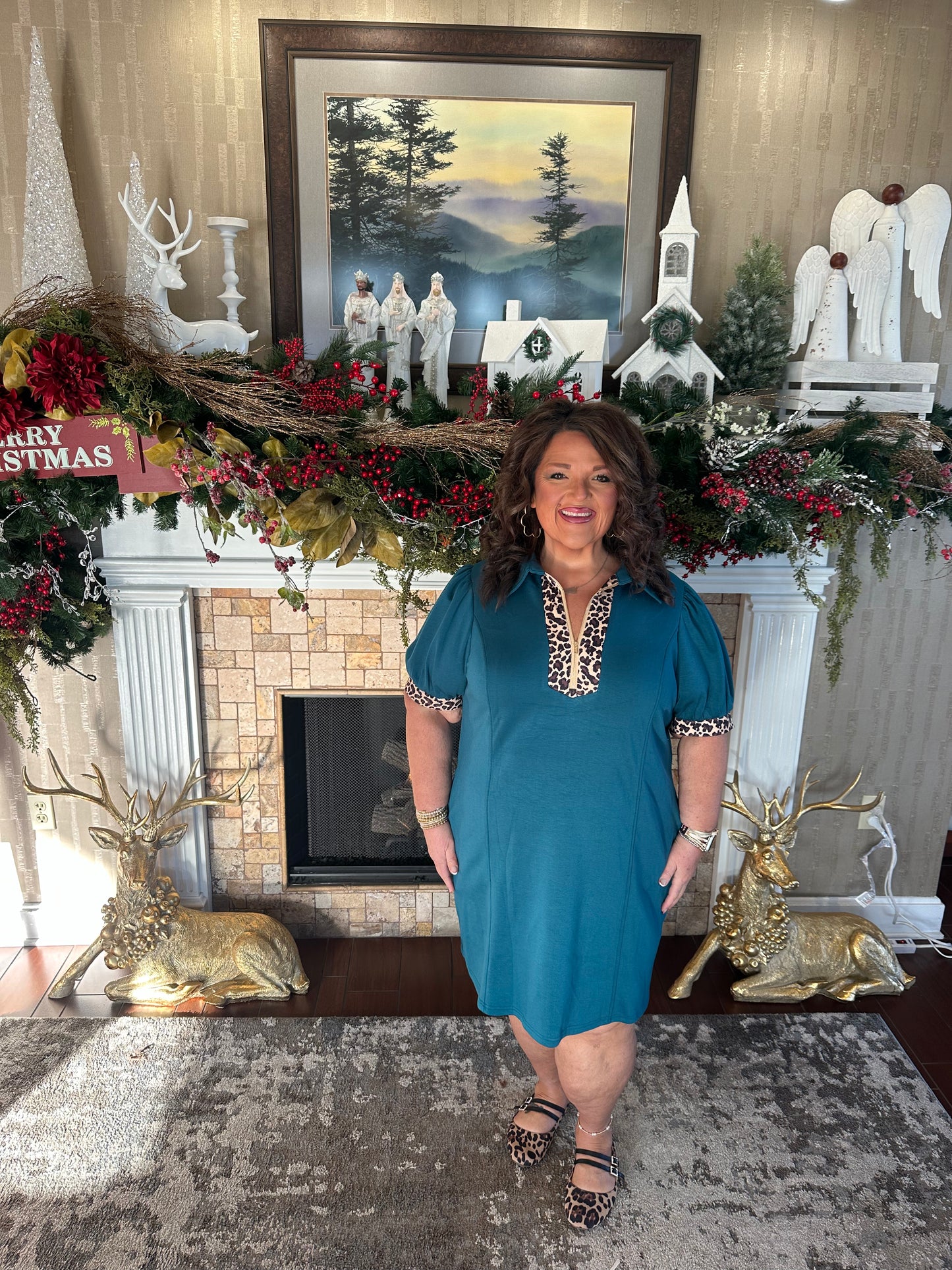 Sea Green Leopard Patchwork Detail Quarter Zip Collared Plus Size Mini Dress