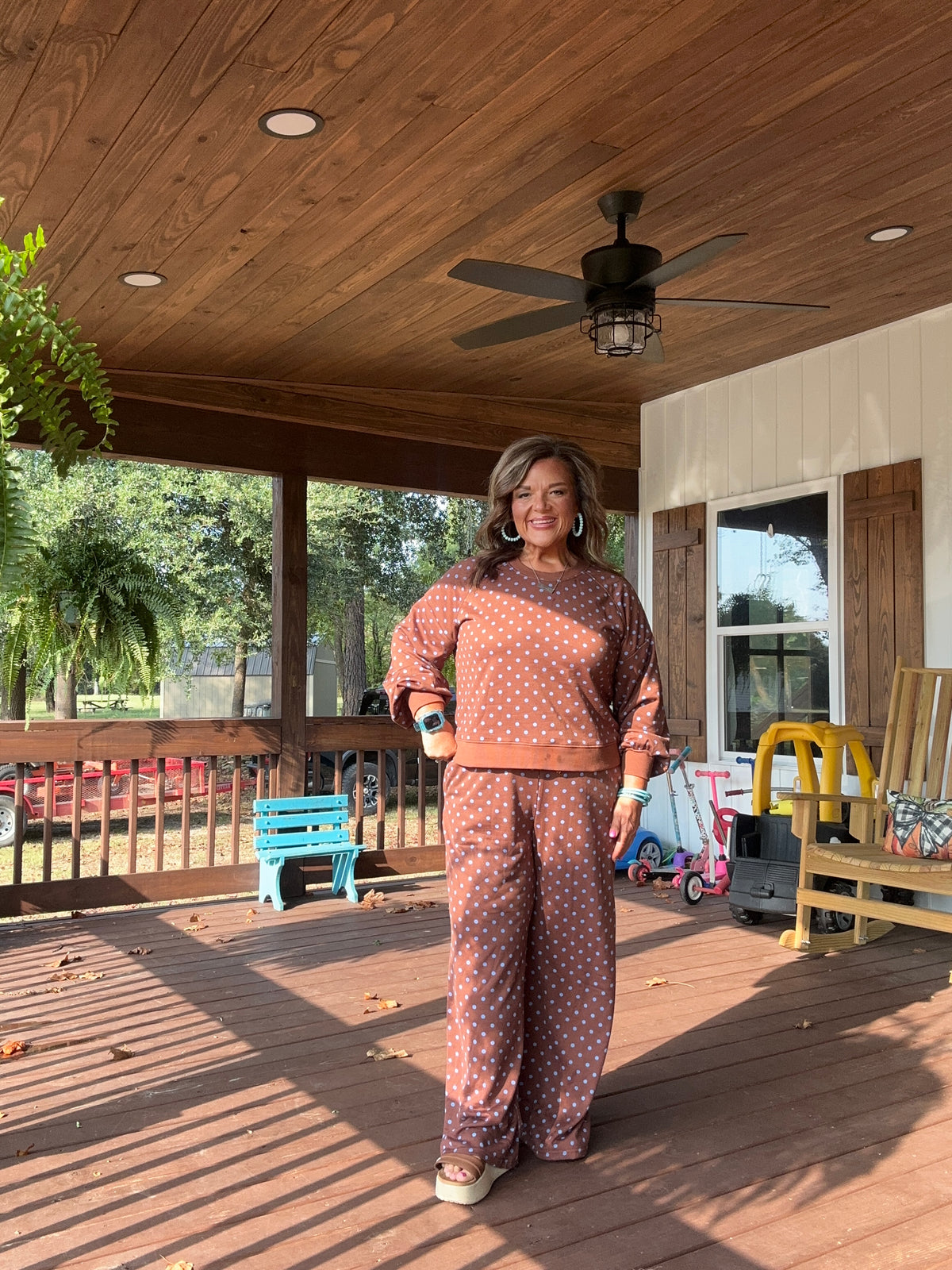 Brown Polka Dot Drawstring Wide Leg Long Sleeve Top Pant Set