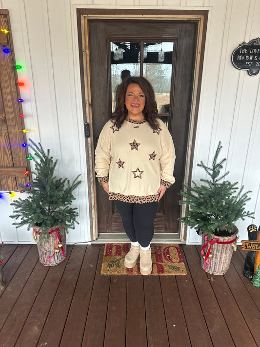 Beige Stars Pattern Leopard Patchwork Round Neck Sweatshirt