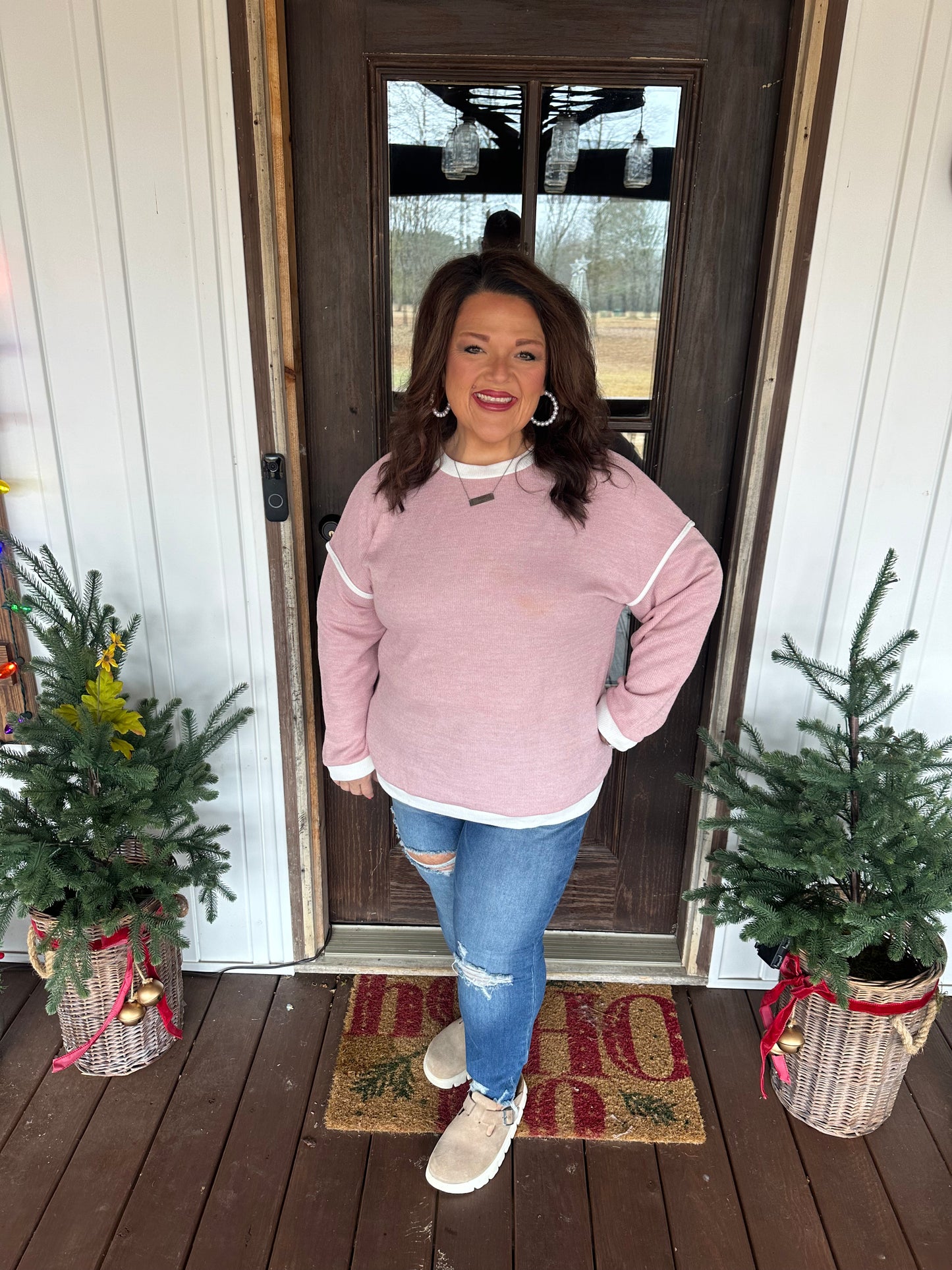 Light Pink Contrast Trim Knitted Drop Shoulder Plus Size Top