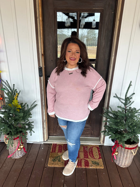 Light Pink Contrast Trim Knitted Drop Shoulder Plus Size Top