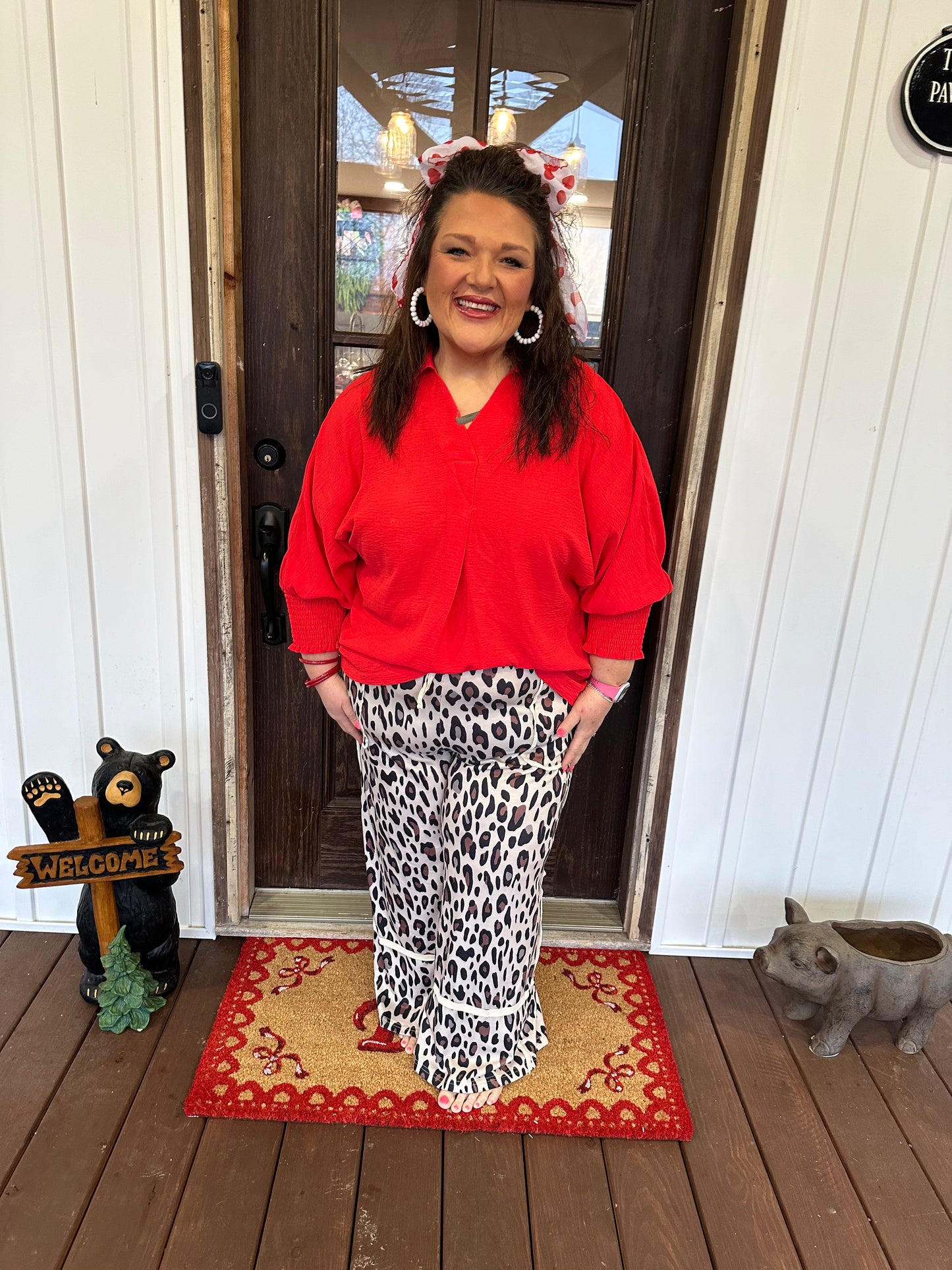 Fiery Red Solid Color Collared Loose Tunic Top