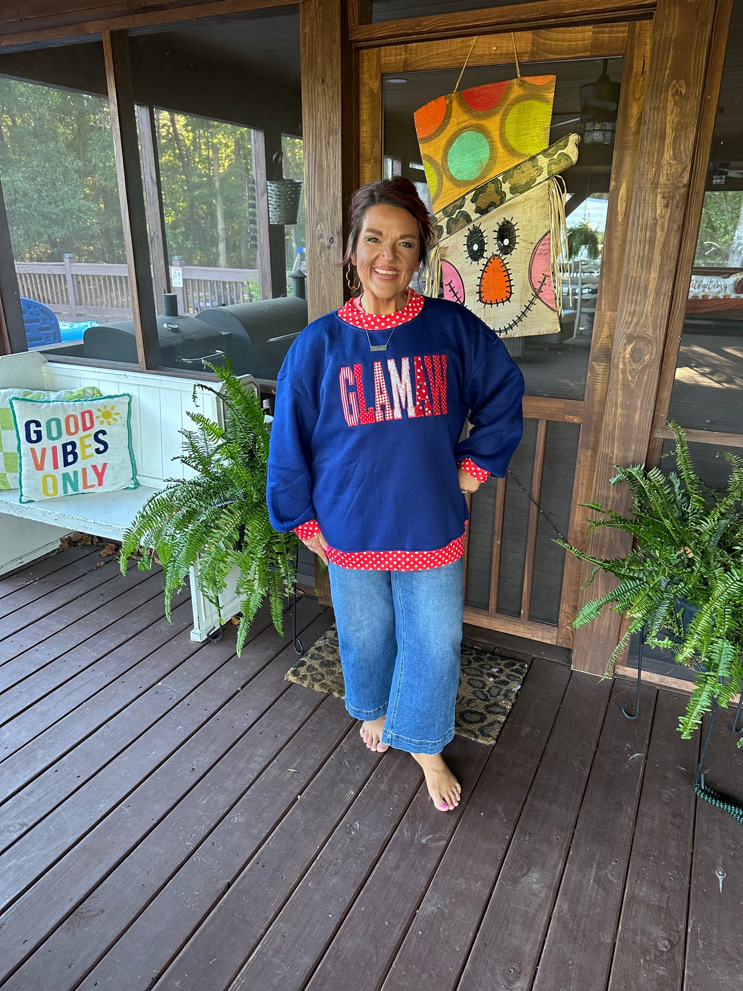 Dirty blue Polka Dot Patchwork Round Neck Plus Size Sweatshirt(does not come with the letters on it)