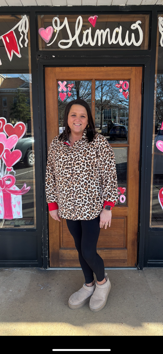 Khaki Leopard Print Button Long Sleeve Shirt