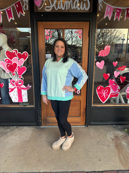 Green Color Block Floral Patchwork Long Sleeve Notched Neck Plus Size Top