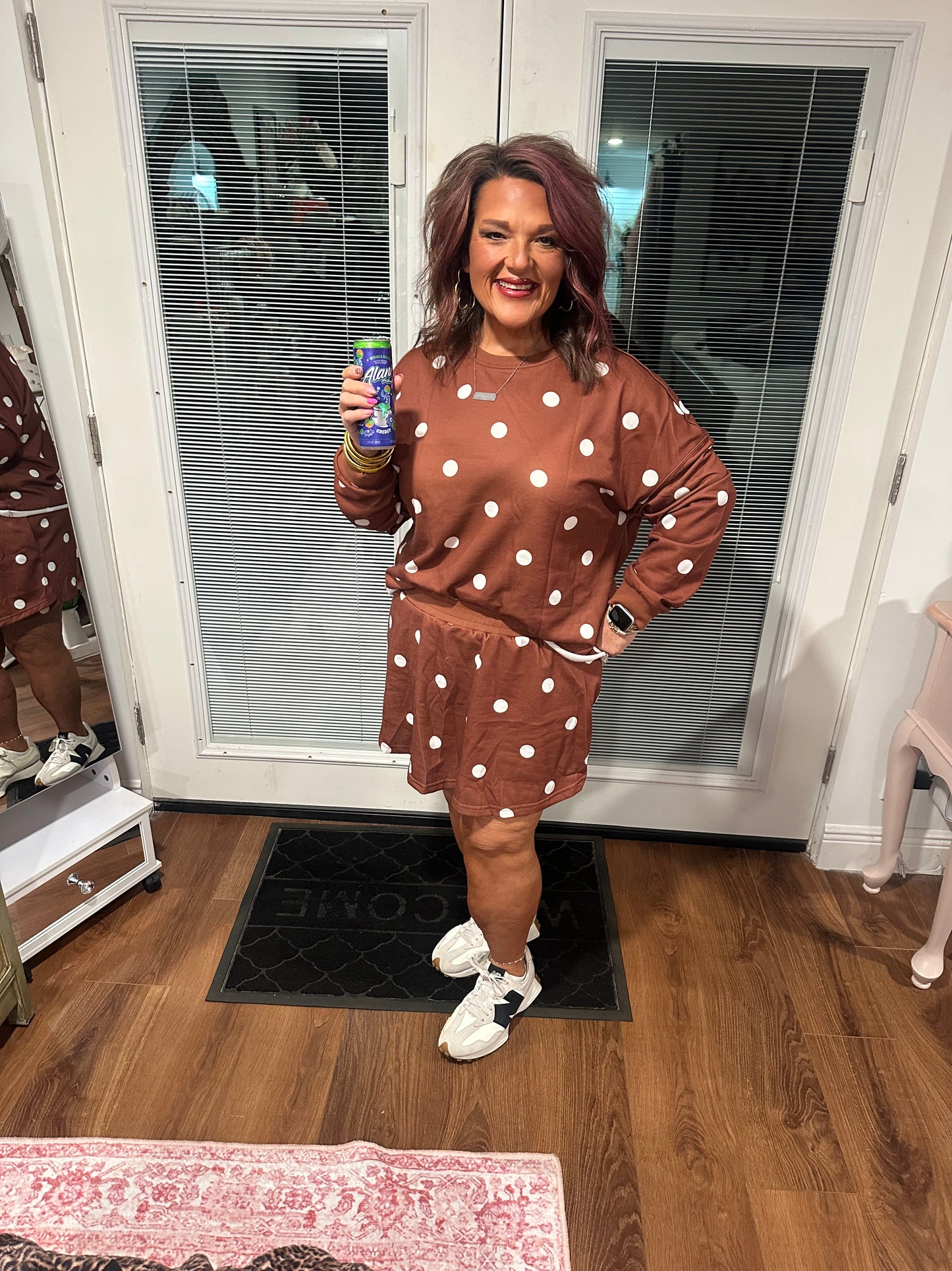 Brown Polka Dot Raw Hem Relaxed Pullover Loose Skort Two Piece Set