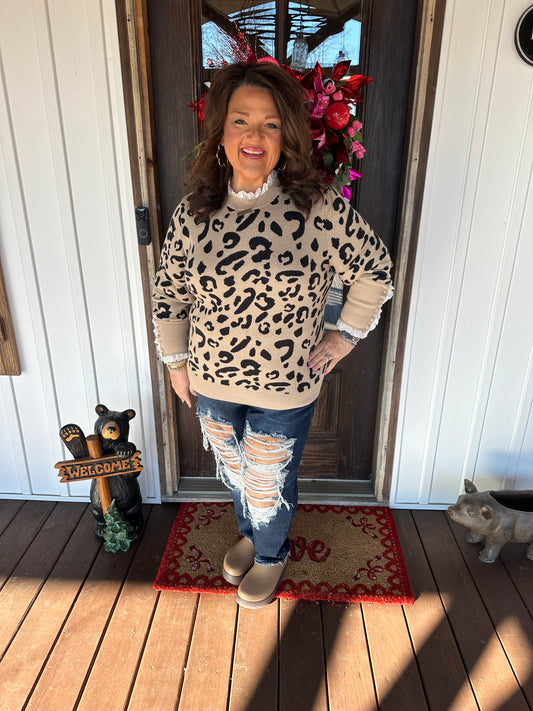 Brown Leopard Pattern Lace Trim Ribbed Detail Button Cuffed Sweater