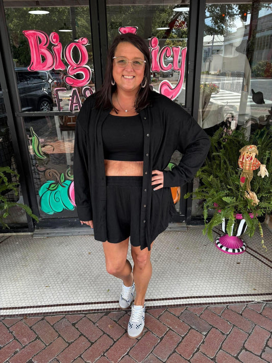 Black Shirred Hem Crop Tank Top Loose Shorts Cardigan 3 Piece Pajama Set