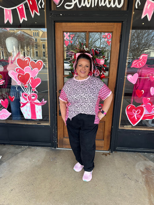 Pink Leopard Striped Patchwork Side Slit Loose Short Sleeve Top