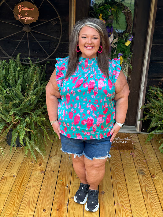 Green Floral Print Ruffled Flutter Shoulder Smocked Blouse