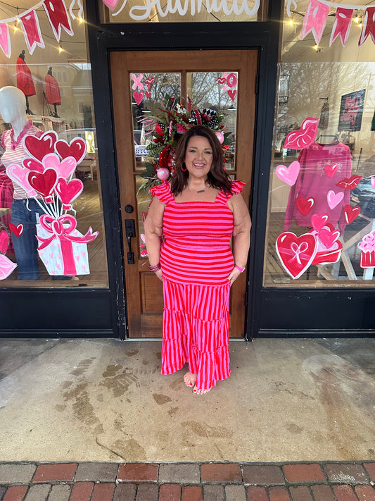 Rose Stripe Ruffle Strap Shirred Bodice Tiered Maxi Dress