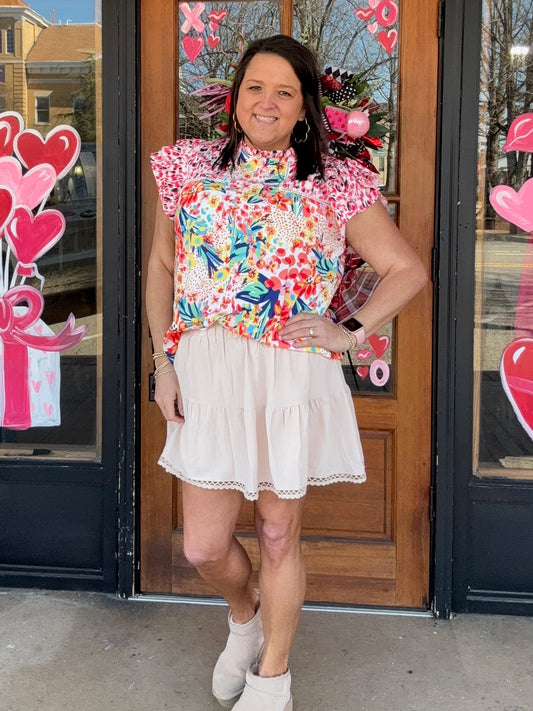 Red Floral Mixed Print Ruffle Cap Sleeve Blouse