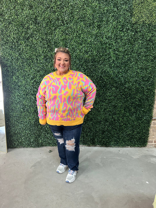 Bright Pink Plus Size Leopard Ribbed Trim Sweater