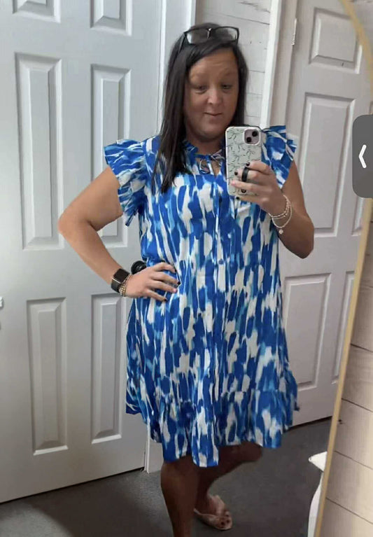 Sky Blue Plus Size Abstract Print Ruffle Flutter Sleeve Mini Dress **SHIPS 4/28**