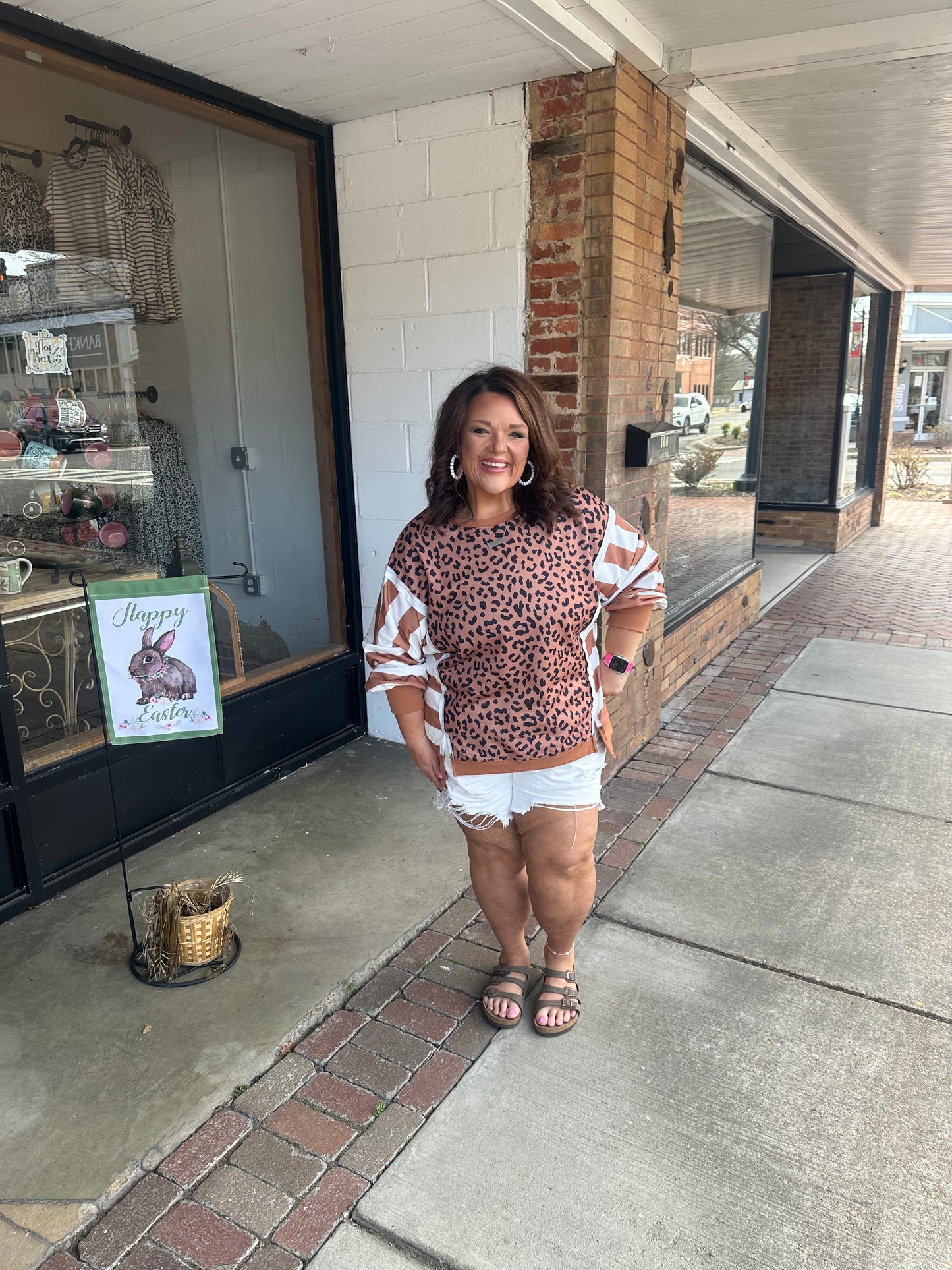 Khaki Leopard Striped Patchwork Plus Size Loose Sweatshirt