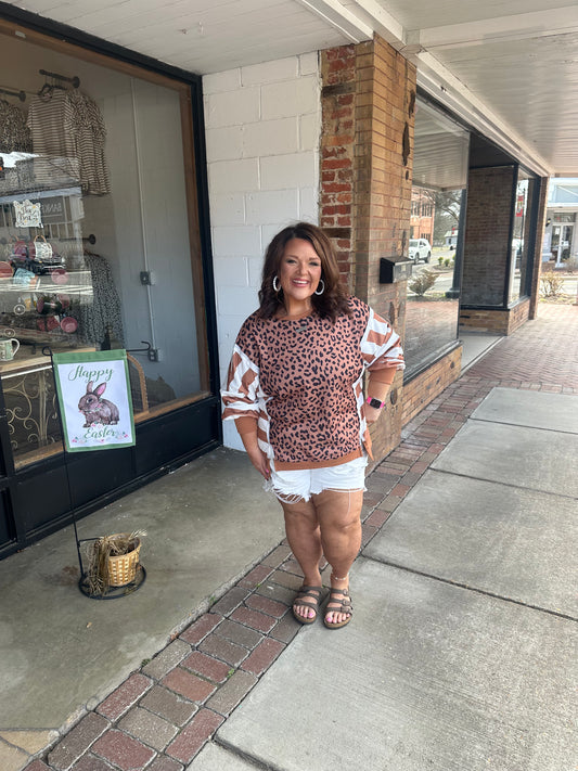 Khaki Leopard Striped Patchwork Plus Size Loose Sweatshirt