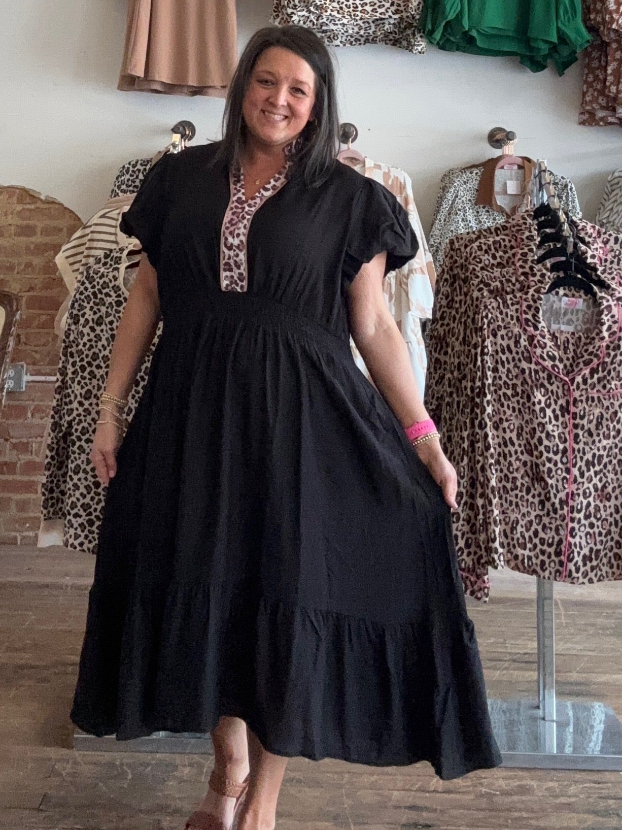 Black Leopard V Neck Patchwork Smocked Waist Plus Size Ruffled Dress