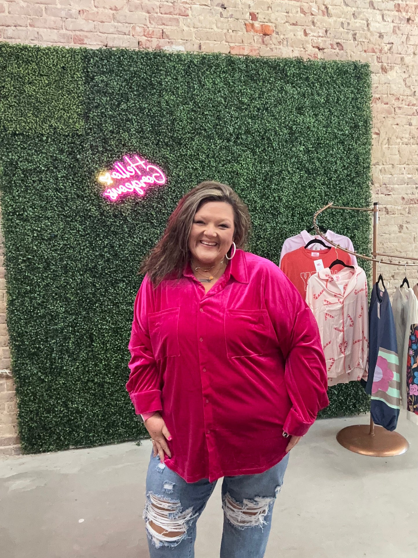 Bright Pink Plus Size Velvet Chest Pocket Drop Shoulder Shirt