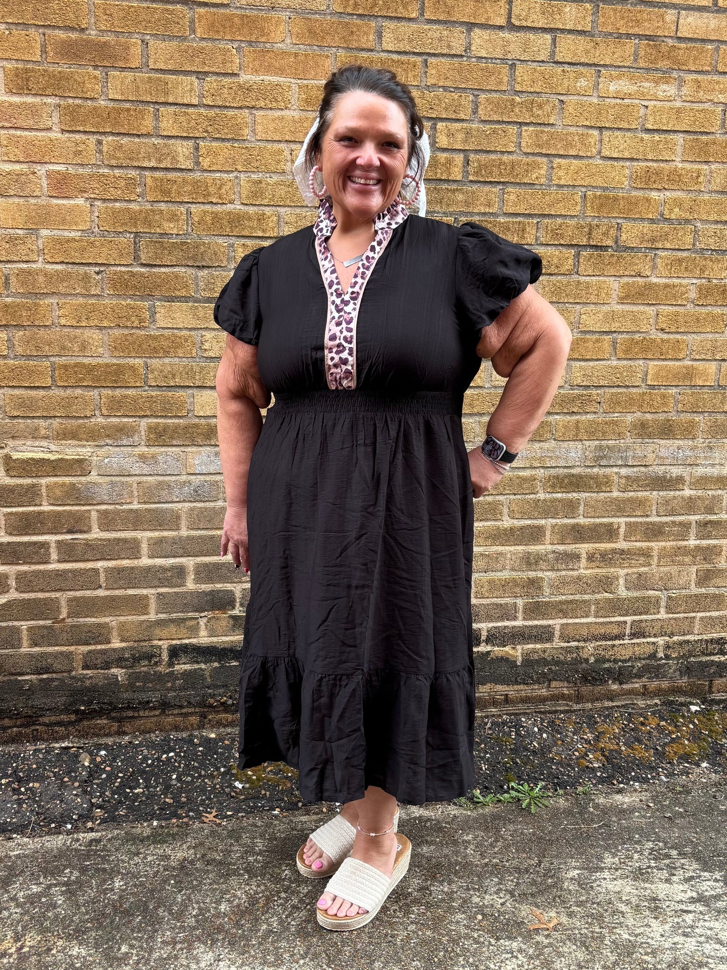 Black Leopard V Neck Patchwork Smocked Waist Plus Size Ruffled Dress