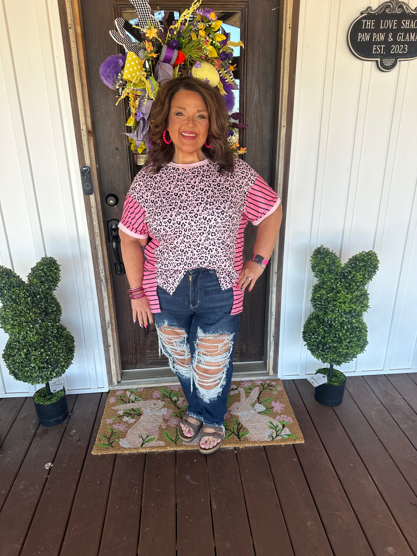 Pink Leopard Striped Patchwork Side Slit Loose Short Sleeve Top