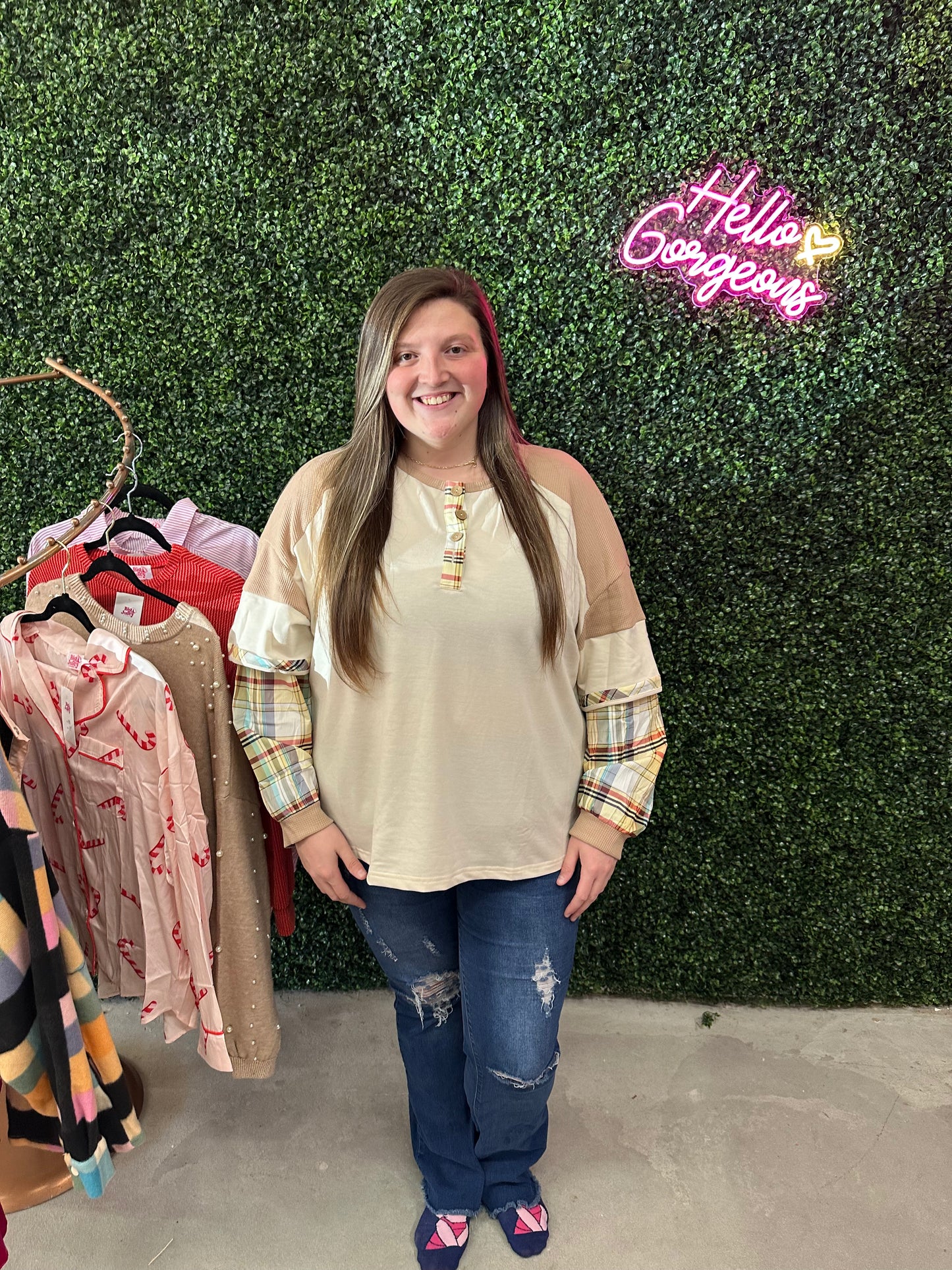 Parchment Plus Size Plaid Waffle Patchwork Henley Top