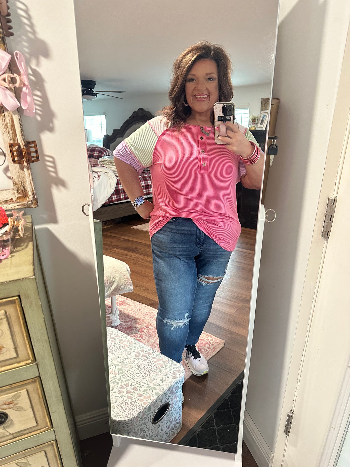 Bright Pink Twisted Ribbed Color Block Patchwork Henley Short Sleeve T Shirt